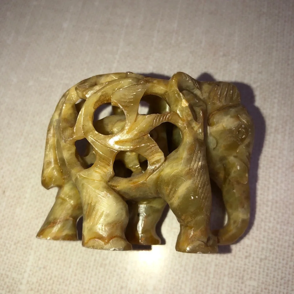 Carved Soapstone Elephant Calf Elephant Inside Detailed Scroll‎ Work Vines